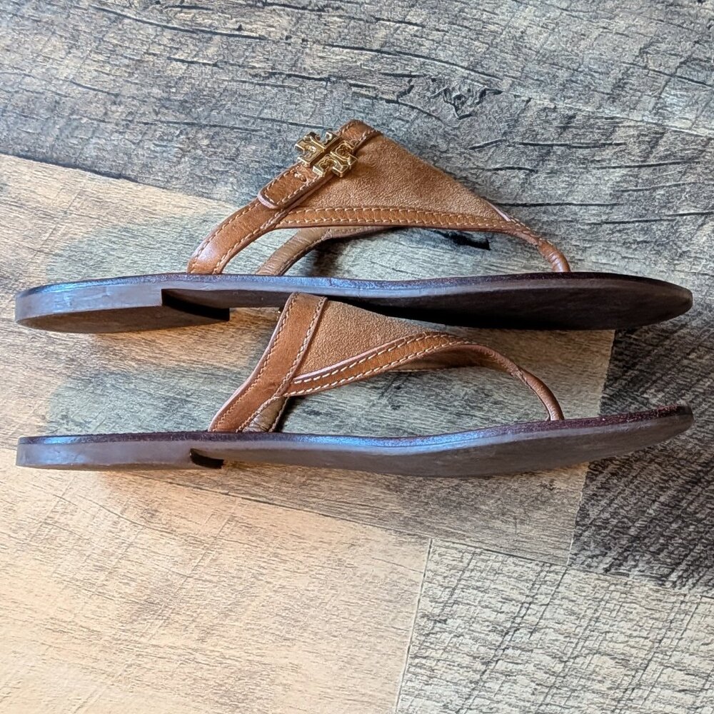 Tory Burch Sandals Brown Leather Suede Triangle Flip Flops - Picture 6 of 8